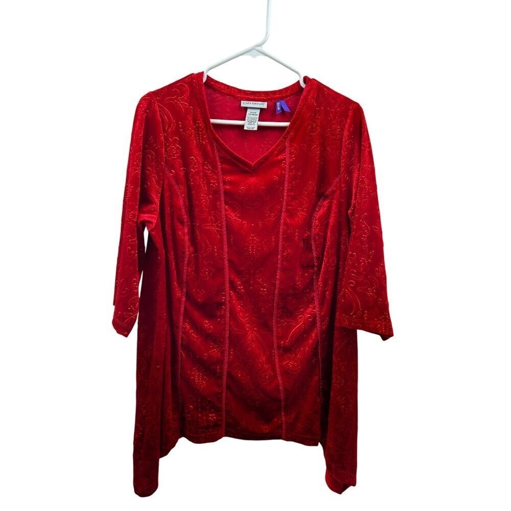 Catherines Red Embossed Velvet Floral Burnout Tunic Top Petite 14/16WP NWOT